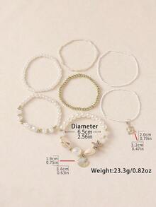7pcs/Set Seashell, Faux Pearl And Starfish Layered Bracelets, Bohemian Style Stackable Design, Suitable For Girls, Beach Holiday Casual, Casual Shell Pattern, Great Gift - 白色 - 查看 6