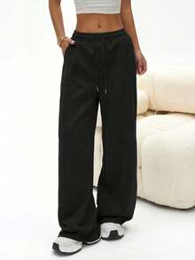 Women's Loose Pleated Solid Color Casual Sweatpants, Spring/Autumn Sports - Black - View 3