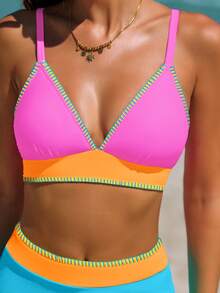 popvil Women 3PCS Colorblock Bikini Set Cross Back Tie Back High Waisted Swimwear With Skirt For Summer Vacation - Multicolor - View 4