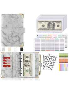 Cuaderno de hojas sueltas de piel sintética A6 con: Patrón de mármol (carcasa exterior) + 8 bolsillos con cremallera + 12 tarjetas de presupuesto en efectivo A6 + 2 pegatinas en inglés + pegatina con botón a presión - A6 - Ver 10