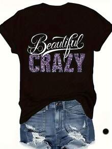 Camiseta de talla grande, casual, de manga corta y cuello redondo, tela de elasticidad media, lavable a máquina, ajuste cómodo para todas las estaciones, con estampado único - Negro - Ver 1
