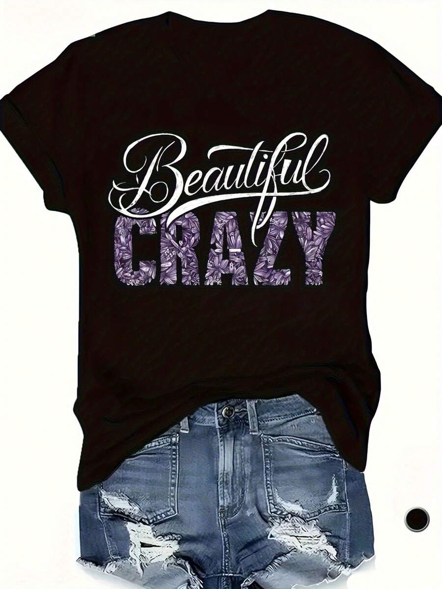 Camiseta de talla grande, casual, de manga corta y cuello redondo, tela de elasticidad media, lavable a máquina, ajuste cómodo para todas las estaciones, con estampado único - Negro - Ver 1