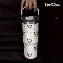 1个/5个装 30盎司可爱熊猫苹果图案保温杯，带提手 - 大容量旅行杯，适合日常补水、盛装冰饮及作为礼物 - 白色 - 查看 1