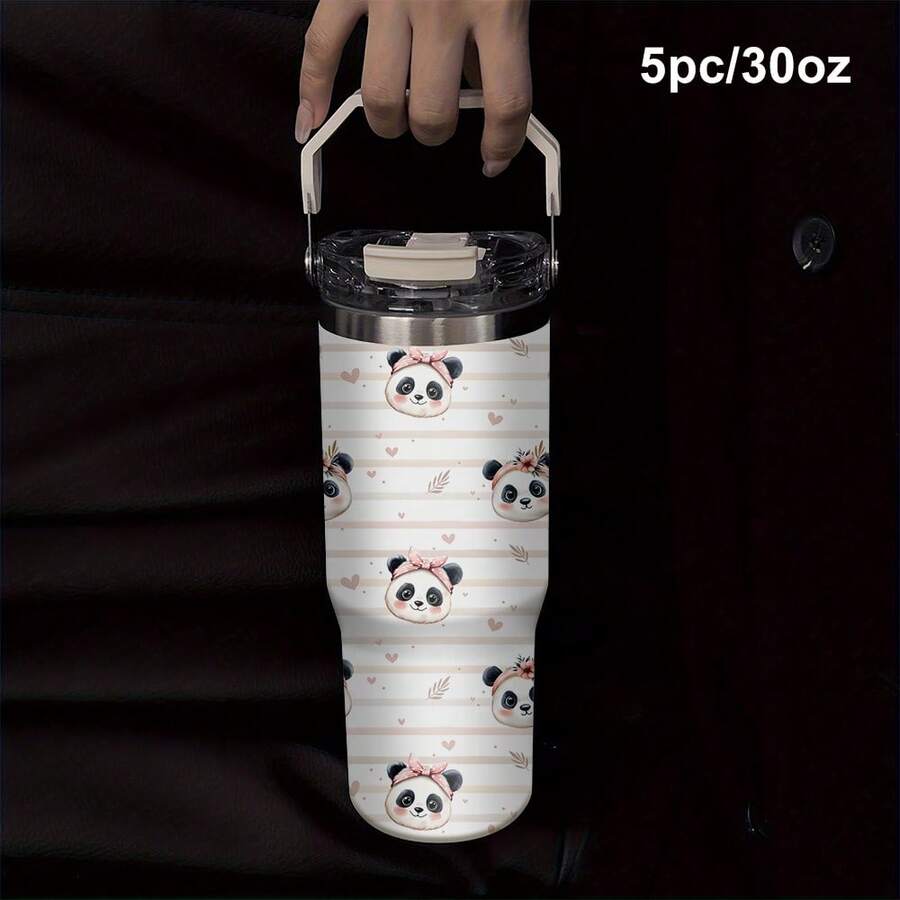 1个/5个装 30盎司可爱熊猫苹果图案保温杯，带提手 - 大容量旅行杯，适合日常补水、盛装冰饮及作为礼物 - 白色 - 查看 1