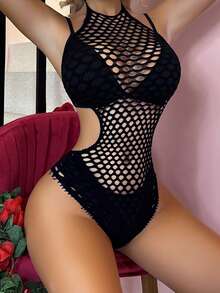 Bodysuit lưới gợi cảm cho nữ, áo camisole hở lưng, đồ bơi một mảnh bikini cover-up, trang phục nhảy lưới cá - màu đen - Xem 5
