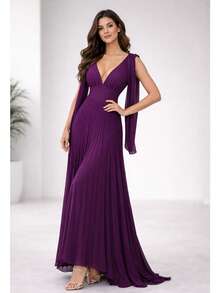 Women's Long Pleated Dress For Bridesmaids And Graduations - Màu tím - Xem 2