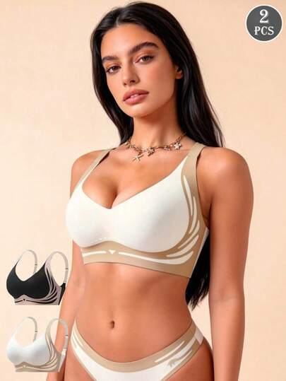 Lilivine 2件/套女士无缝文胸，无钢圈文胸，光滑无缝文胸，优雅舒适全罩杯文胸，适合秋冬季日常穿着