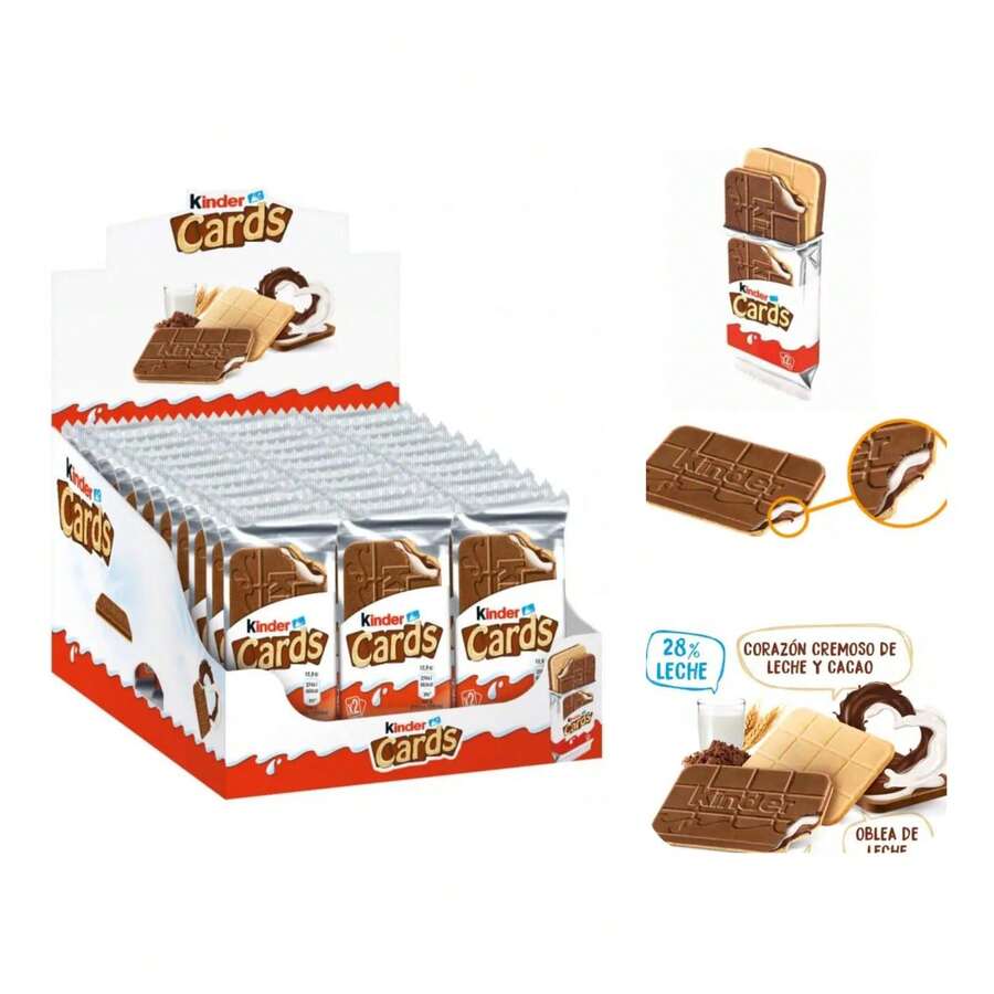 Kinder Cards Nacional España Original caja de 30 unidades galletas crujientes extra finas de barquillo con leche y chocolate y rellenas de cremosa leche y avellanas Sabor Garantizado - TARJETAS KINDER - Ver 1