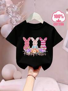 Camiseta Infantil Feminina Coelho Happy Camisa 100% algodão  Malha de Algodão Respirável com Gola Redonda e Letras Sutis, Leve para Fins de Semana e Looks Casuais para Meninos Lançamento - Preto - Visão 1