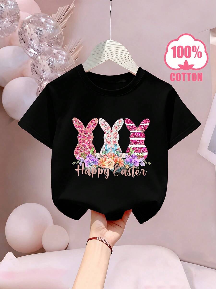 Camiseta Infantil Feminina Coelho Happy Camisa 100% algodão  Malha de Algodão Respirável com Gola Redonda e Letras Sutis, Leve para Fins de Semana e Looks Casuais para Meninos Lançamento - Preto - Visão 1