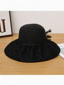 1pc Polka Dot Mesh Bow Straw Hat, Women Large Brim Sun Protection Hat, Foldable Beach Vacation Sun Hat, Spring/Summer - A - View 10