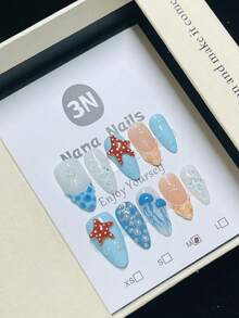 1package/10pcs-Ocean Breeze 3D Starfish & Seashell Press On Nails | Summer Beach Almond Fake Nails With Pearl & Mermaid Scale Design - Multicolor - View 3