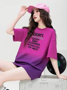 Áo thun cotton cổ tròn dáng rộng in chữ tiếng Anh màu đỏ thanh long ombre mùa hè 2026, thích hợp mặc ngoài trời/đi làm. - 0A19 Thanh long đỏ - KJ0211 Đen - Xem 3