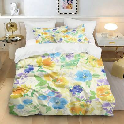 3pcs Watercolor Floral Print Duvet Cover Set, Soft & Breathable Fabric, Machine Washable, Suitable For All Seasons, (1 Duvet Cover + 2 Pillow Shams, No Insert), Ideal For Bedroom And Guest Room Bedding Decor