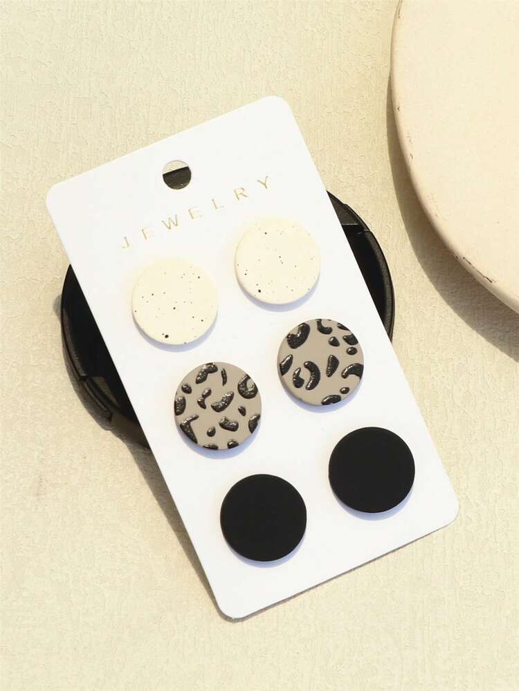 3 Pairs Polka Dot & Leopard Print Acrylic Round Earrings, Personalized Ceramic Texture Earrings For Girls - Multicolor - View 4
