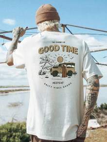 Men's Car & Letter Print Short Sleeve T-Shirt - White - View 3