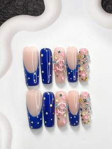 10Pcs Dopamine Style Handmade Press On Nail,Polygel Nail Set,3D Pink Dollar Sign Accents,Colorful Speckles,Blue Nail Polish,Energetic Style,Includes Nail Tools,3 Sizes Available,Almond,Duck,Coffin Nails For Party,Dance,Daily Wear. - Multicolor - View 4