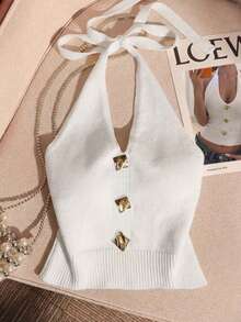 Áo hai dây dệt kim cổ chữ V buộc dây gợi cảm dành cho nữ, áo croptop hở lưng có khóa kim loại cho mùa hè - trắng - Xem 6