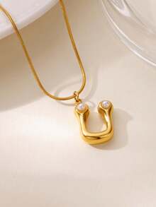 MECYLIFE 1件装时尚不锈钢26字母吊坠项链，镶嵌珍珠，女士项链 - 珍珠字母 - 查看 28