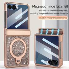 VIETAO Funda protectora para teléfono plegable Galaxy Z Flip 7/6 con Body completo, protector de pantalla de vidrio templado, con soporte circular, lentejuelas y cristales rhinestone, acabado brillante y chapado - Oro champán - Ver 9