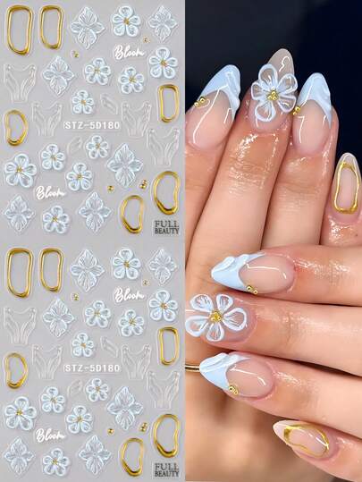 2 pièces Autocollants d'art pour ongles avec fleurs bleues transparentes gaufrées 5D, bordure dorée, vague d'eau. Décoration d'ongles pour le printemps/été, DIY pour mariage, accessoires pour festival de musique