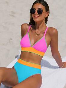 popvil Women 3PCS Colorblock Bikini Set Cross Back Tie Back High Waisted Swimwear With Skirt For Summer Vacation - Multicolor - View 5