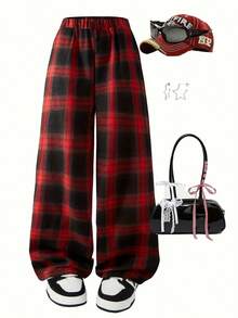 格子裤，轻薄透气，宽松版型，高腰直筒裤型，适合年轻女孩夏季穿着的休闲裤 - 紅色 - 查看 7