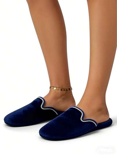 Women's Warm Skin-Friendly Velvet Closed Toe Slippers, Hand-Stitched Edge Solid Color Flat Heel, Minimalist Premium Style, Navy Blue, For Home Ramadan Hospitality Autumn Winter