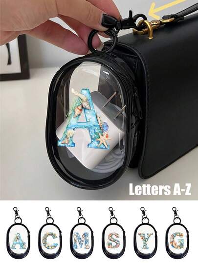 1pc Portable Mini Transparent Zipper Storage Bag With A-Z Letter Patterns Of Ocean Elements, Compact Multifunctional Organizer, Headphone And Charger Case With Keychain, Transparent Travel Accessories, Available In Black And White Colors, Exquisite And Compact, Suitable For Storing Small Items, Data Cable Storage Bag