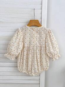 Spring New Baby Girl Vintage Floral Bodysuit, Lace Embroidery Round Neck Long Sleeve Bow Bodysuit - Ginger - View 3