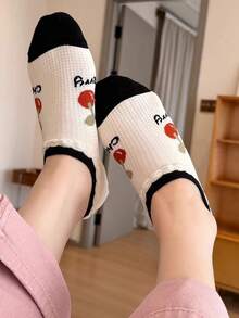 5 Pairs Women's Boat Socks, Non-Slip Boat Socks, Shallow Mouth Ruffle Design, Breathable Thin Socks For Spring/Summer, Cherry Stripe Socks, Black & White Contrast Versatile Invisible Socks - Multicolor - View 12