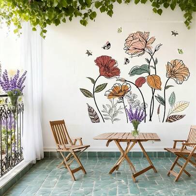 波西米亚风花卉墙贴 野花墙贴装饰 花卉图案 海岸主题 即撕即贴贴纸 耐用乙烯基装饰贴纸 即撕即贴艺术品 家居客厅卧室背景装饰 爱好者之选