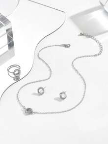 4 st. Dammode Minimalistiskt Handgjort Omlotthalsband, Ring, Örhängen Smyckeset, Lämplig För Vardagsbruk - Silver - Visa 3