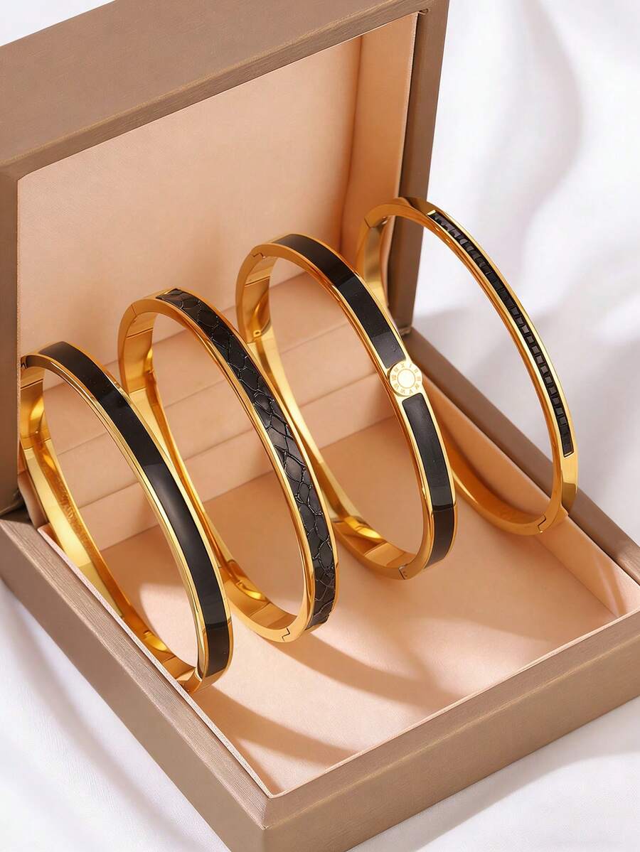 4pcs Unique Fashionable Stainless Steel Bangle Bracelets, Suitable For Daily Wear, Jewelry Gift For Mom, Girlfriend - Style 1 - View 1
