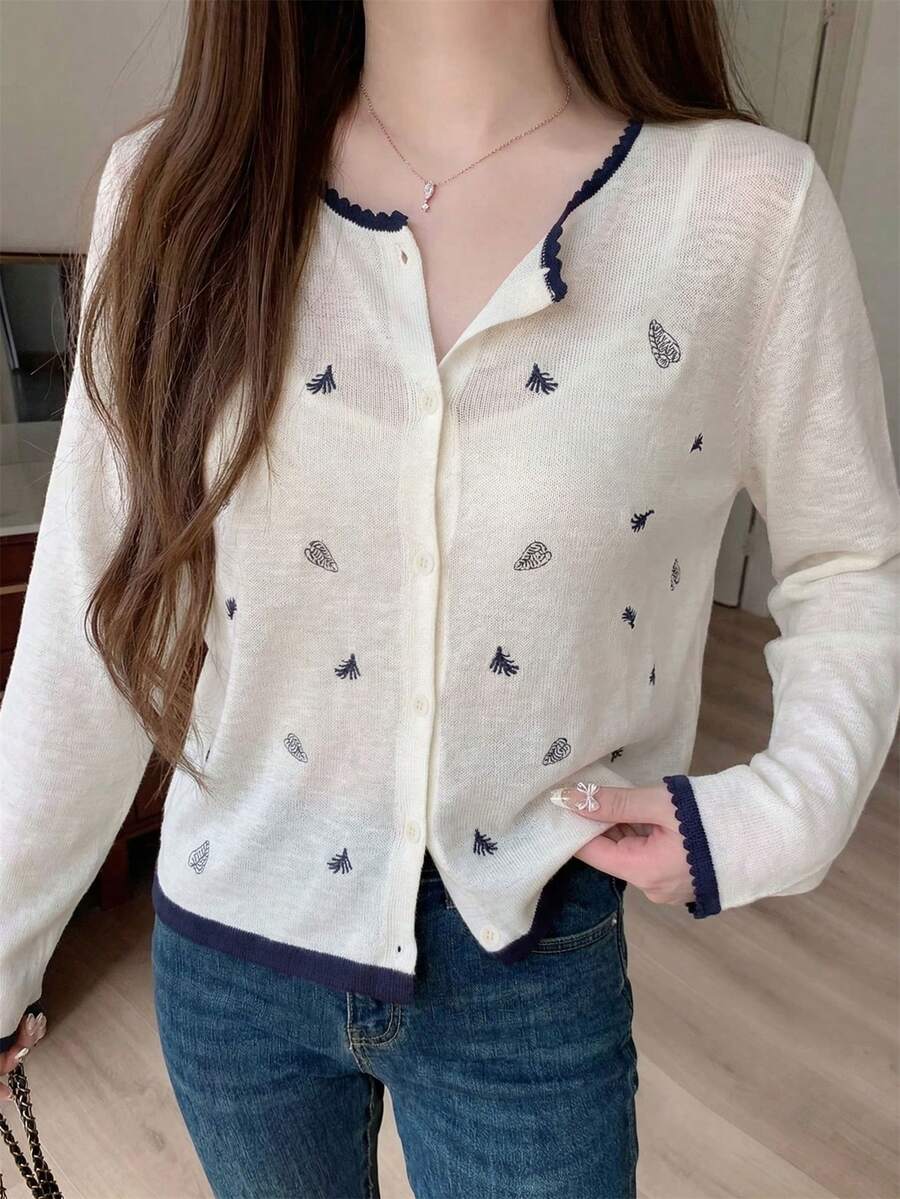 Cropped Long Sleeve Cover Up Lightweight Jacket Hollow Out Knit Sweater For Women, Casual Sweet Style With Frill Trim, Spring/Summer - Apricot - View 1