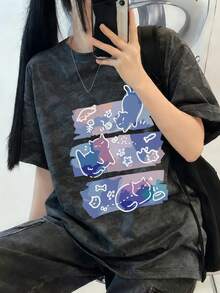 Summer New Z Generation Y2K Women Top Funny Cartoon Cat Print Round Neck Short Sleeve T-Shirt - Black - View 4