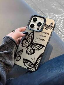 1pc Gradient Gray Background Black Line Butterfly & Inspirational Text Pattern Creative Cool Fashionable Phone Case, Suitable As Gift For Family, Friends, Yourself, Couples, Non-Slip Silver Surface, Protective Soft Shell Compatible With IPhone 17/16/15/14/13/12/11/7/8/XR/XS/Plus/Pro/Pro Max And Galaxy S/A Series - Silver - View 2