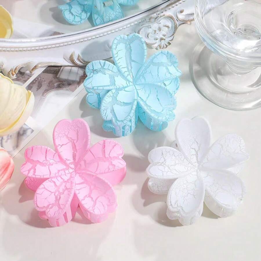 3件套甜美哑光裂纹花朵发夹，简约清新，适合日常及海滩度假使用 - 彩色 - 查看 1