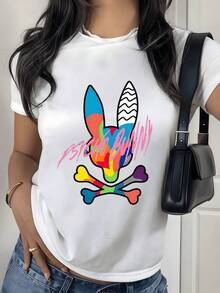 Conejo multicolor con orejas abstractas y huesos en forma de corazón que simbolizan energía y rebeldía alegre camiseta de mujer 220g casual moderna - Blanco - Ver 1