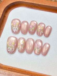 10er Set, handgemachte, verschleißfeste, weiche rosa Katzenauge Tulpen Nagel Sticker, handbemalte 3D Blumen Edelstein dekorierte Kunstnägel, zarte Puder Farbverlauf Maniküre Teile, einzigartiger Frühlingsstimmung Nagel Covers, vielseitig für Pendeln & Date, Braut & Brautjungfer sanfte Stilrichtung, Studenten tägliches frisches Design, abnehmbar & wiederverwendbar, nicht schädlich für natürliche Nägel, geeignet für Anfänger, Stil - Babypink - Übersicht 5