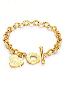 1pc Women's Stainless Steel Classic Heart Engraved Toggle Clasp Steel Chain Bracelet Valentines,Mom,Mother,Mother's Day, - 金子 - 查看 1