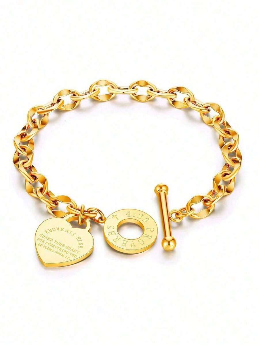 1pc Women's Stainless Steel Classic Heart Engraved Toggle Clasp Steel Chain Bracelet Valentines,Mom,Mother,Mother's Day, - 金子 - 查看 1
