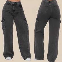 Cargo 2 Pocket Graphite Wide Leg Women's High-Waisted Jeans Without Lycra - Dark Grey - View 1
