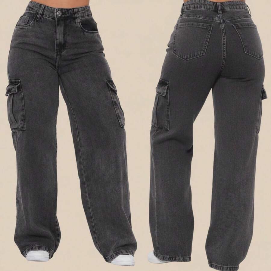 Cargo 2 Pocket Graphite Wide Leg Women's High-Waisted Jeans Without Lycra - Dark Grey - View 1