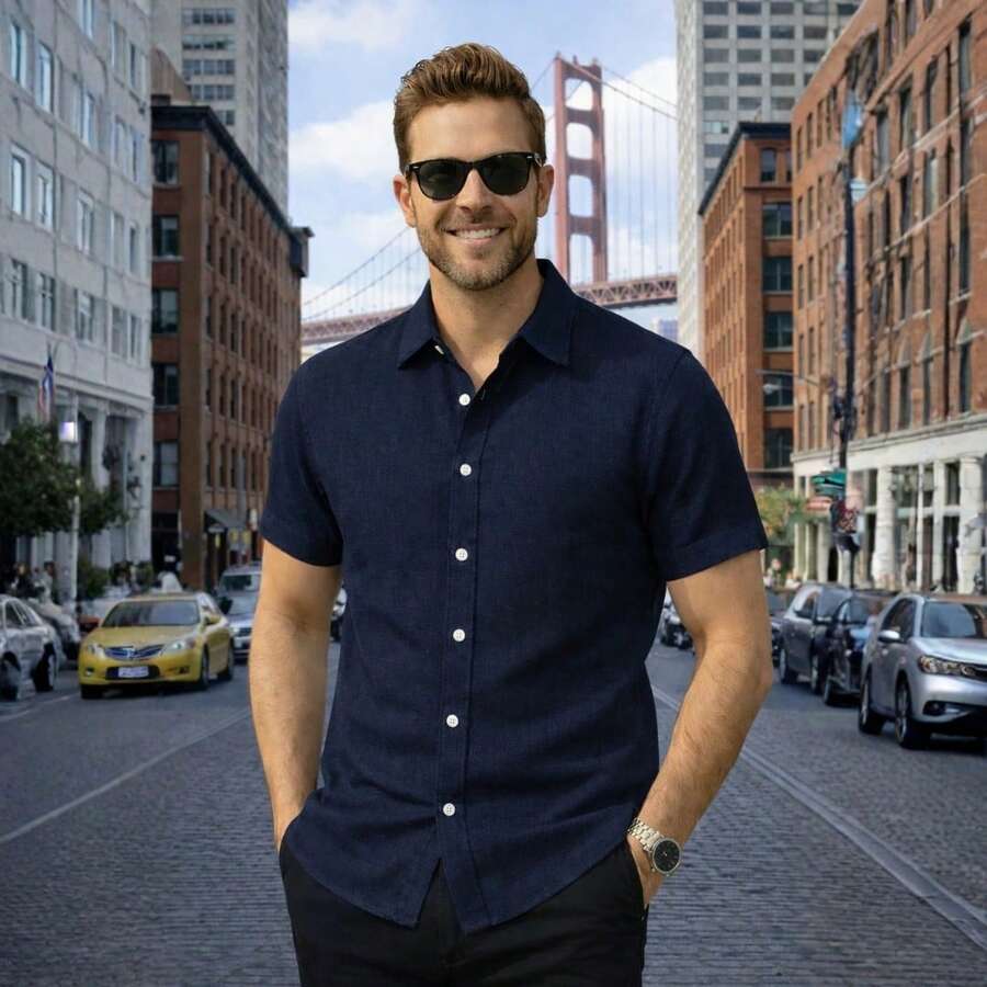 Italian Collar Shirt Short Sleeve Slim Fit Casual - 藏蓝色 - 查看 1