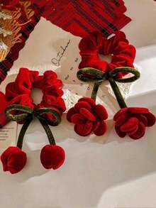 1pc Flower Bow Scrunchie Hair Accessory, Suitable Girls, Birthdays, Parties, Valentine's Day, Dancing Performances, And Everyday Wear, Autumn/Winter Woman Accessories ,Ponytail Holders ,Hair Elastics ,Hair Rubber Bands ,Hair Rope ,Elastic Hair Tie Elastic Band Beauty Home Hair Accessories - 紅色 - 查看 7