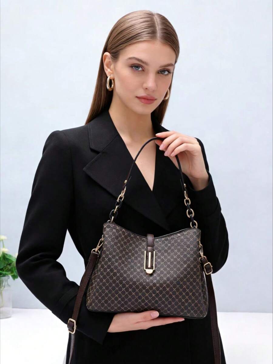 1pc Fashionable Coffee Texture Handbag, Shoulder Bag & Crossbody Bag 2-In-1, Suitable For Travel, Shopping, Sightseeing