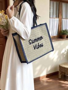 2026 Spring Letter Print Large Capacity Woven Shoulder Bag, Fashion Business Commuter Bag, Minimalist Versatile Lightweight Tote Bag - Blue - View 9