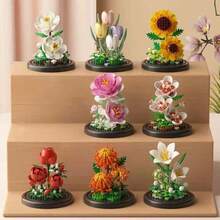 微粒盆栽花卉积木（带展示盖）, DIY 彩色花卉系列积木, 装饰花束, 生日礼物, 父亲节礼物, 母亲节礼物, 教师节礼物, 节日礼物, 结婚礼物, 婚礼装饰, 毕业礼物, 情人节礼物, 玫瑰, 向日葵 - 彩色 - 查看 8