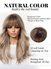 Tóc giả xoăn dài 20 inch màu nâu ombre có mái, kiểu dáng thanh lịch và thời trang dành cho nữ, tóc giả tổng hợp chịu nhiệt được sản xuất bằng máy, phù hợp cho cả sử dụng hàng ngày và các dịp lễ hội, món quà lý tưởng cho các cô gái trong dịp lễ. - Màu nâu ombre - Xem 4